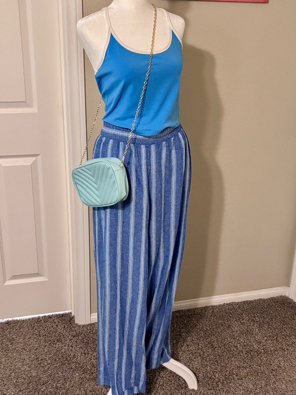 High Rise Linen Wide Leg Striped Pants